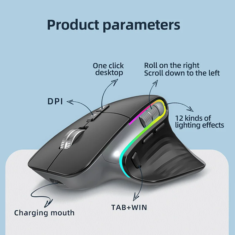 Bluetooth Gaming Mouse RGB Vertical 2.4G Wireless Mouse for Gamer 4000DPI Rechargeable Programming Ergonomic Mice