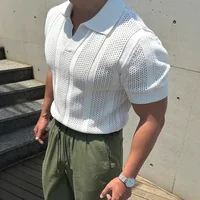 American Style Silk Matte Cotton Ice Silk Polo Shirt Men Breathable Hollow Short Sleeve Sweatshirt Turn-down Collar Mesh Tight S