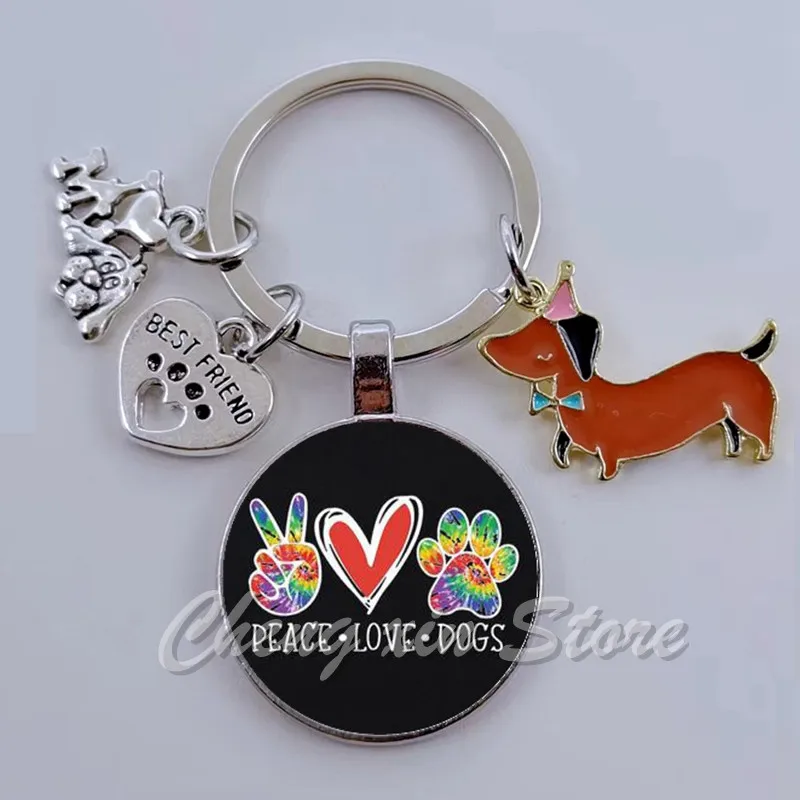 Very Cute Enamel Dachshund Dog Keychain, Adorable Pet Dog Paw Glass Cabochon Keyring I Love My Dog Pendant Keychain Gift