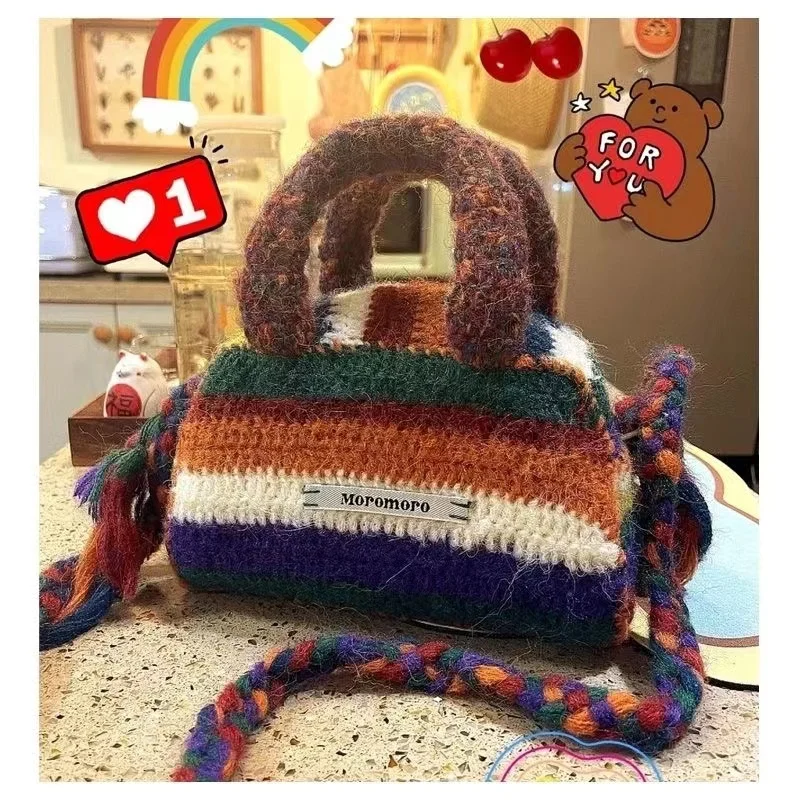 

Retro Versatile One Shoulder Pillow Bag Cylinder Handle Bag Hook Rainbow Woolen Fabric Diagonal Straddle Handbag