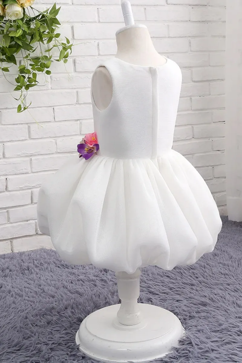 

White Flower Girl Dresses Tulle Mini Short Skirt 3D Flower Fit Party Birthday First Communion Gowns