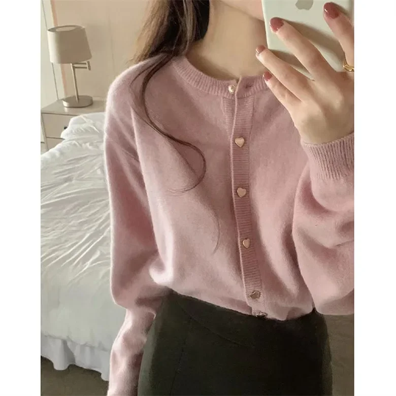 

Pink Sweater Coat Love Buttons Spring Autumn Cardigan Sweater for Women O-neck Long Sleeve Single Breasted Sweaters Short Coat