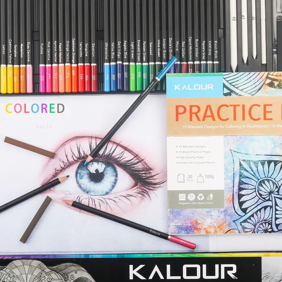 KALOUR 컬러 연필 세트, 페인팅 스케치 수채화 금속 연필, 완성 아티스트 키트, 드로잉 스케치패드, 미술 용품, 142 개