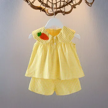 2025 Baby Girl Summer Clothes Sets Infant Kid Cute Fruit Cotton Girls Plaid Sweet Princess 2pcs Suit Children's Clothing Clothes 1