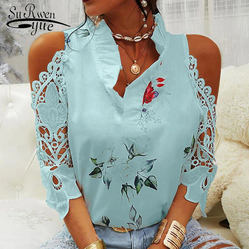 Blusas estampadas con agujeros para mujer, camisa de encaje de manga corta con hombros descubiertos, blusa de gran tamaño con tirantes, Tops 2022| | - AliExpress