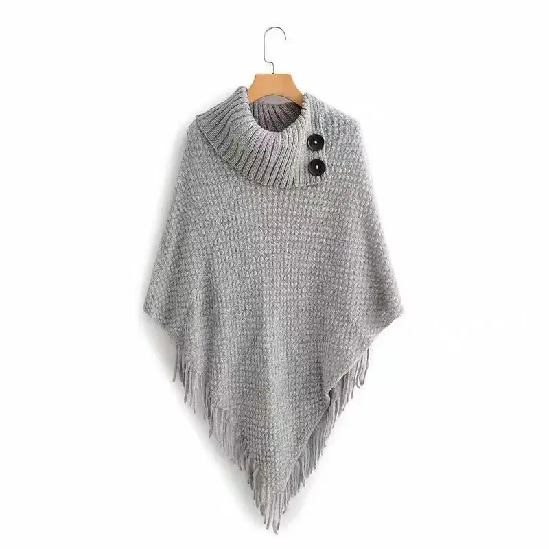 

Autumn Winter New Irregular Tassel Cape Women's Sweater Pullover Sweater Warm Poncho Lady Capes Gray Cloaks