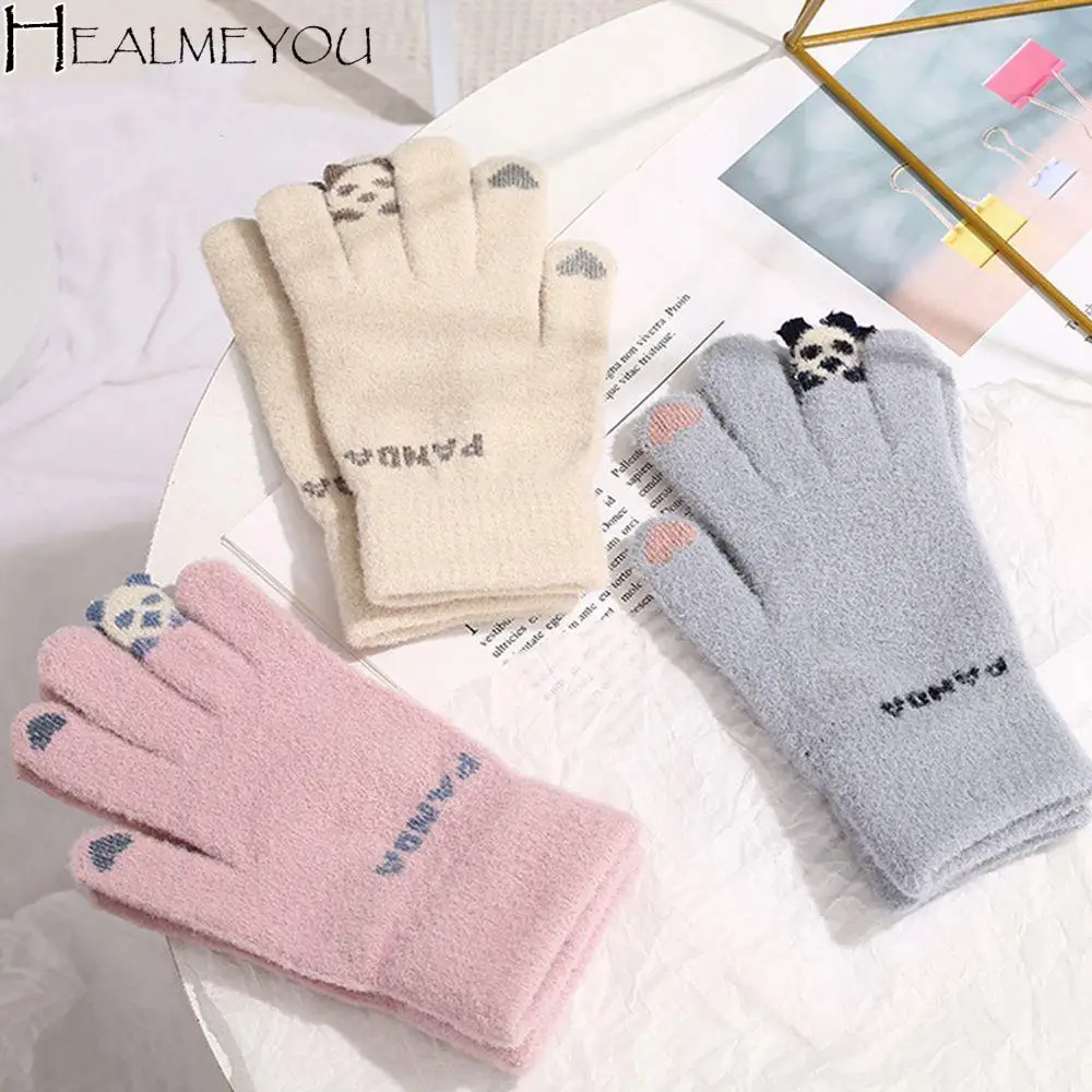 

New Cute Gloves Winter Women's Touch Screen Panda Jacquard Warm Gloves Full Finger Stretch Riding Gloves