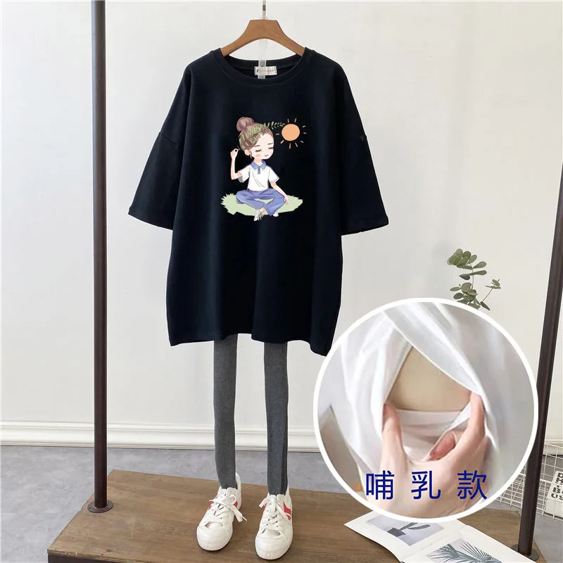 

Pregnant Mom Summer Cartoon Print Nursing Tops Postpartum Mommy Casual Breast Feeding Clothes Womens Pregnancy Maternity T-Shirt