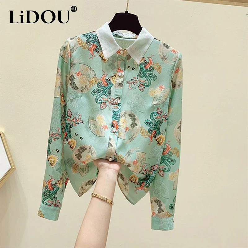 Spring Summer Polo-neck Printed Elegant Fashion Blouse Female Long Sleeve Loose Casual Buttons Chiffon Shirt Women All-match Top