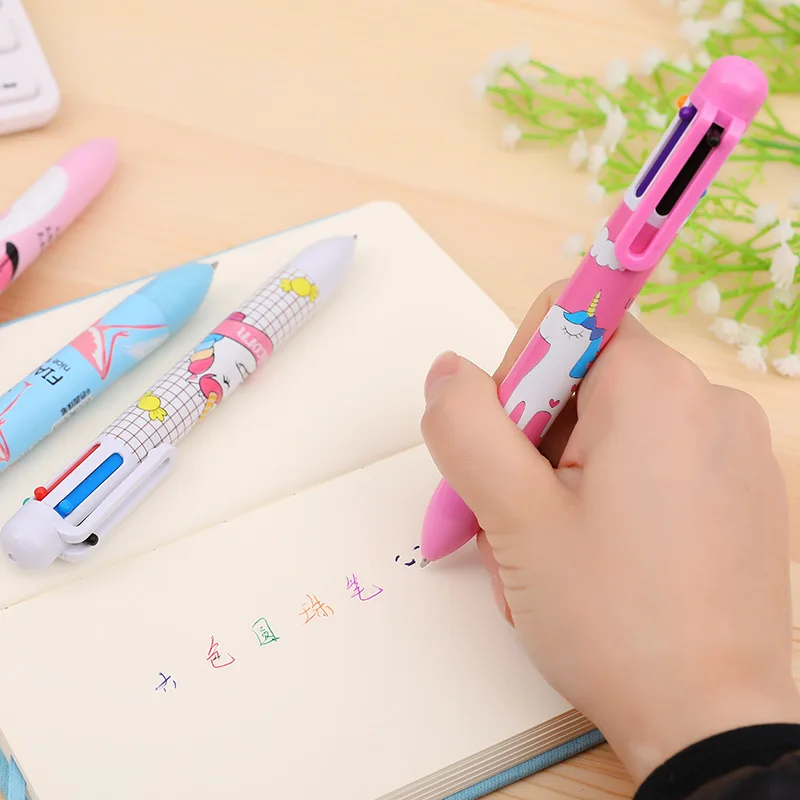 24 Pcs Multicolor 6-color Ballpoint Pen Wholesale Creative Cartoon Popular Pen Printing Unicorn Flamingo Stationery Wholesale new creative kawaii pink unicorn cactus flamingo square stationery storage box manage case pencil pen holder stand student gifts