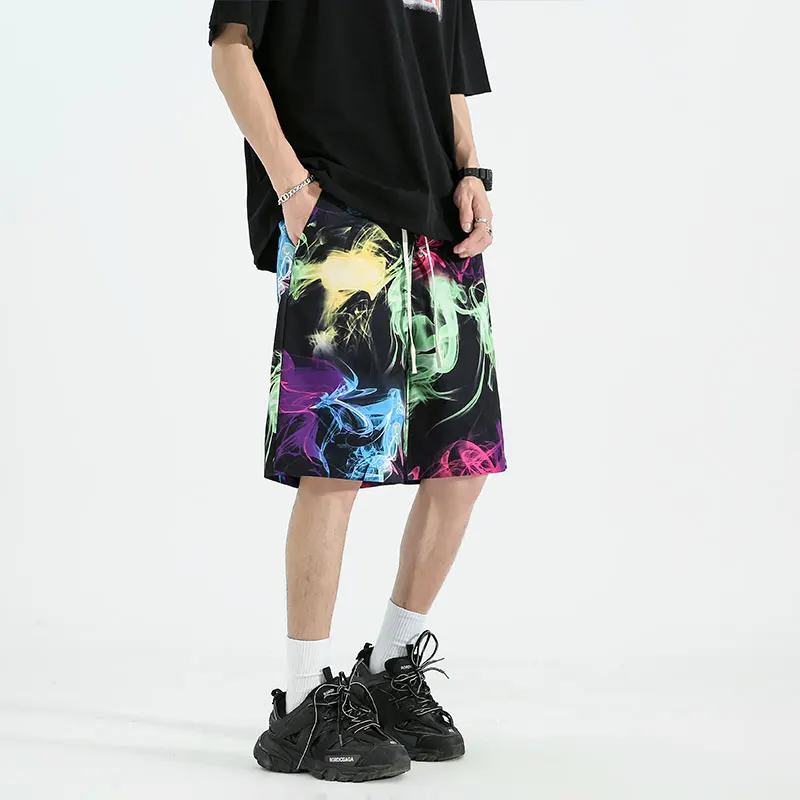 Minimalist Trendy Summer New Printed Pockets Men's Elastic Waist Drawstring Fashion Versatile Loose Straight knee length Shorts