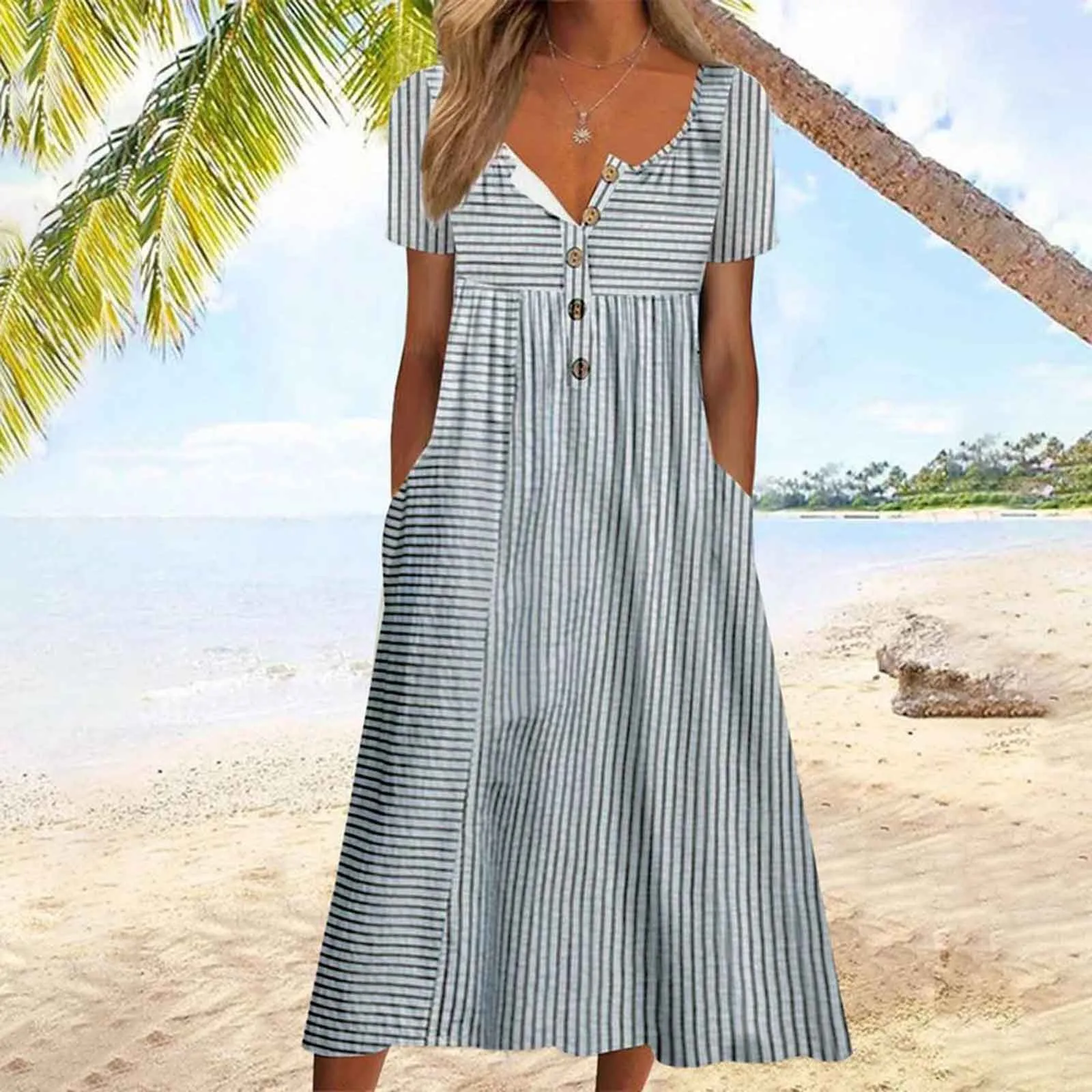 

Postpartum Dress Women Fashion Striped Print Pocket Button Short Sleeve Round Neck Long Dress Inexpensive Dresses