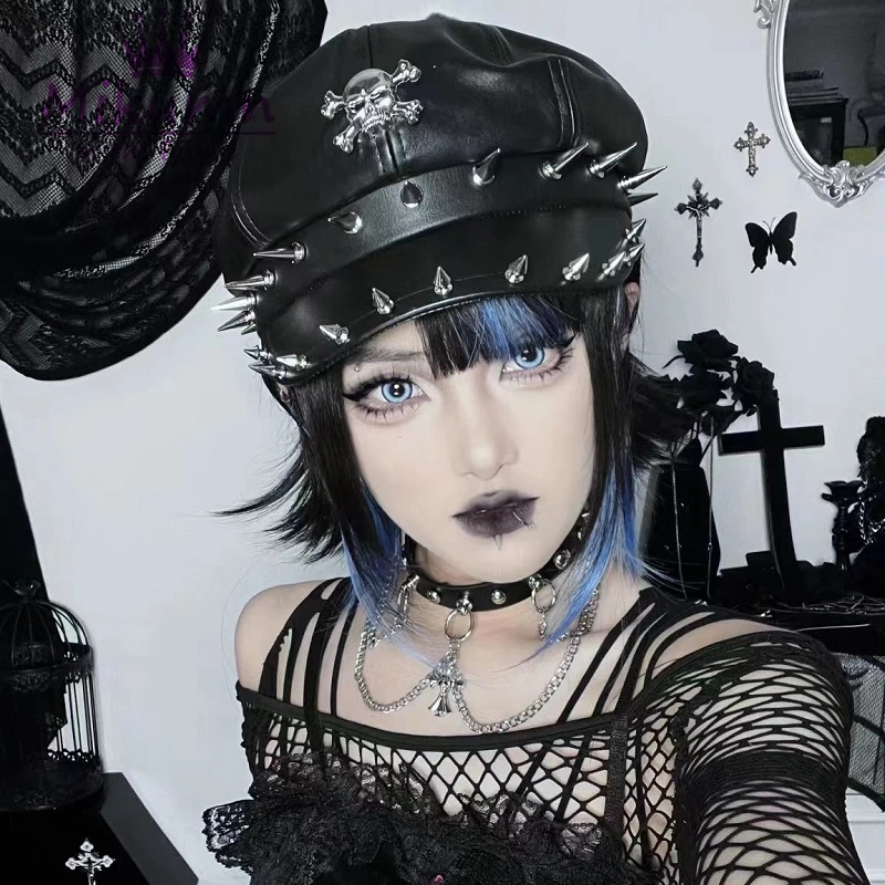 Miumn Harajuku Punk Style PU Leather Beret Hats Dark Gothic Grunge ...