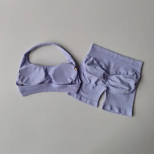 Sexy Halter Neck Beautiful Back High Waist Peach Sports Bras Shorts Suit Pilates Gathering Yoga Vest Training Fitness Bra Sets - Image 2