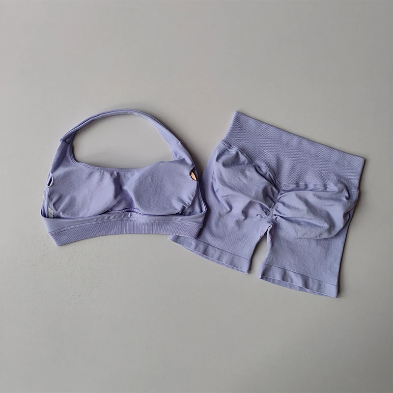 Sexy Halter Neck Beautiful Back High Waist Peach Sports Bras Shorts Suit...