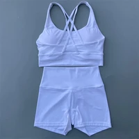 Ensemble de Yoga pour vélo de gymnastique, couleur unie, Legging court + soutien-gorge de sport croisé, survêtement athlétique pour femmes, entraînement complet, Jogging 5