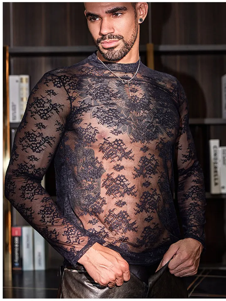Maglietta Intima Uomo In Rete Trasparente – Slim Fit Erotica Manica Lunga, Effetto Bagnato, In Lattice, Per Party E Clubwear