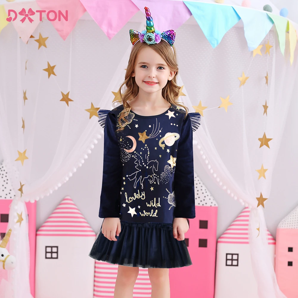 

DXTON/Детские повседневные хлопковые костюмы; Платье с аппликацией и блестками для девочек; Детские платья с расклешенными рукавами; Одежда д...