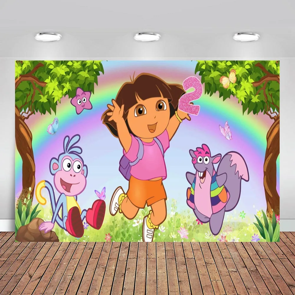 Dora exploradora cenário para crianças, aniversário festa fotografia fundo, floresta verde macaco madeira foto banner, adereços de decoração