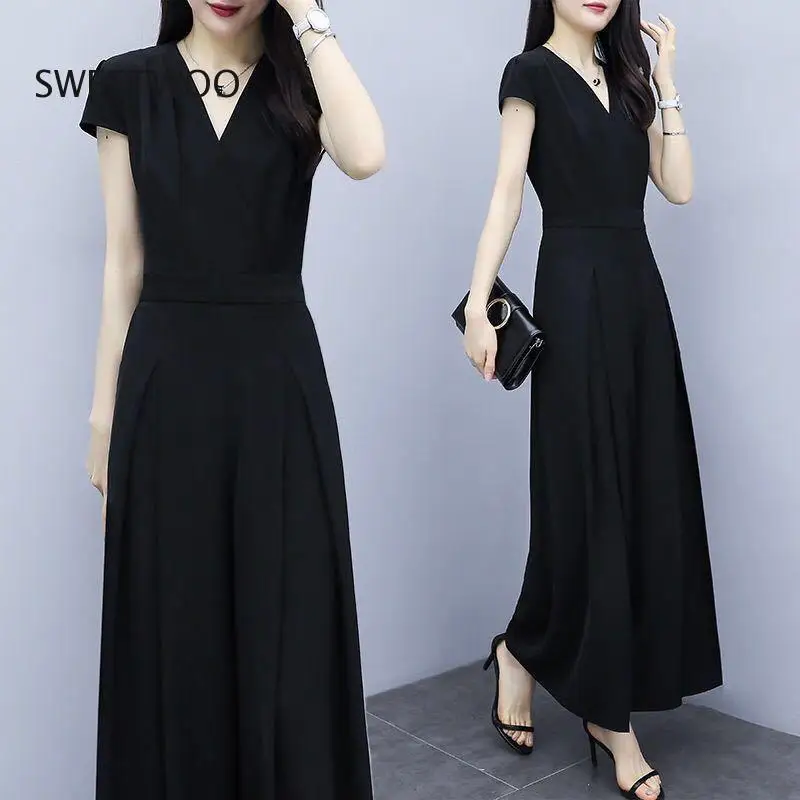 Fashion Casual Jumpsuit V-Neck Women Elegance 2022 Summer New Print Bodysuit High Waist Wide Leg Pants Ladies Playsuit Romper