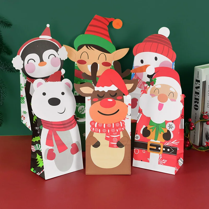 

24Pcs Christmas Gift Bag Packaging With Sticker Christmas Santa Snowman Elk Candy Bag Xmas Party Decoration New Year Navidad