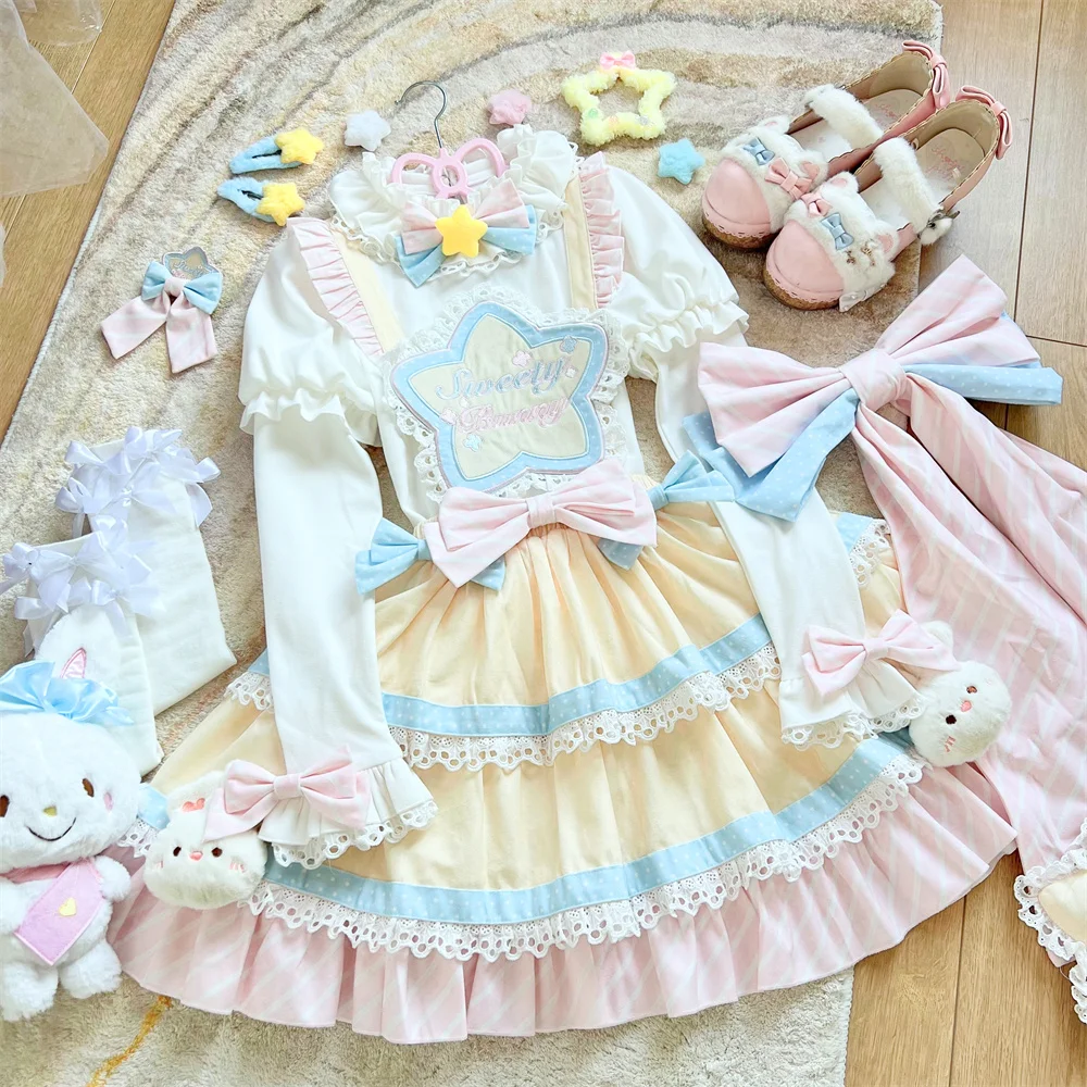 Sweet Lolita Sleeveless Lace Ruffles JSK Dress with Apron Bow