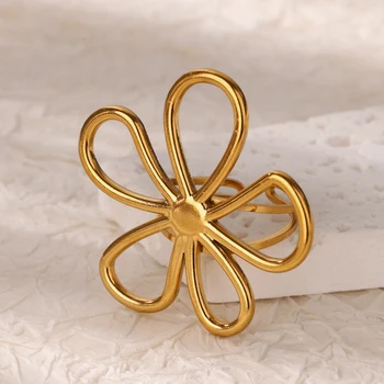 Women Flower Ring Hollow Floral Stainless Steel Jewelry