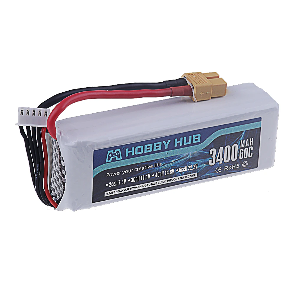 Connecteur XT60 doré sur la batterie drone 4S LiPo, prêt pour branchement rapide.