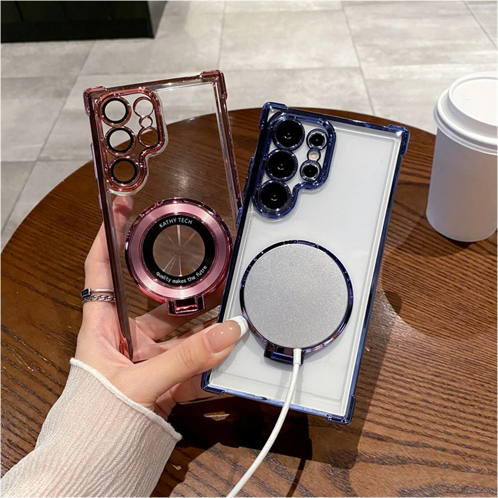Luxury Plating Magnetic Stand Clear Phone Case Cover