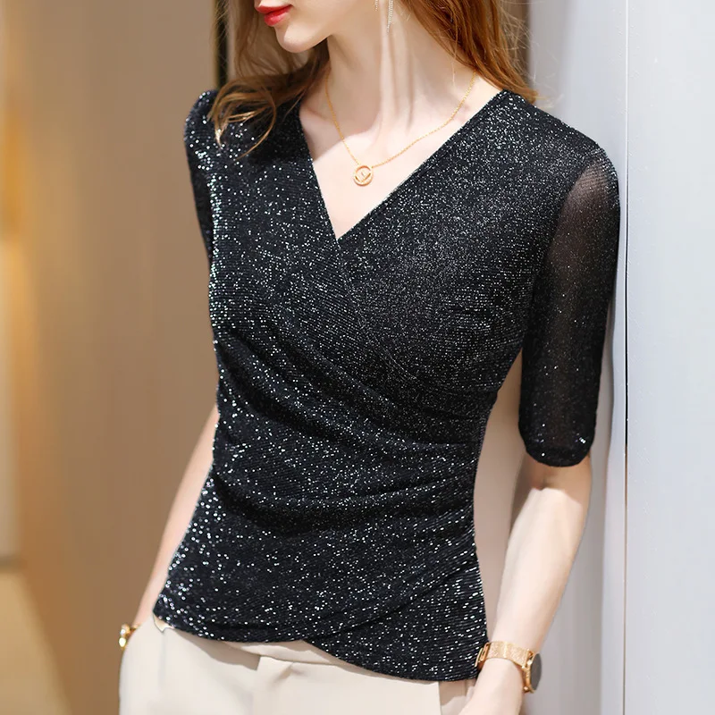 

Women's Clothing 2022 Latest Fashion Blouses Elegant Summer T Shirt Free Shiping Elastic Glitter Blouses or Tops for Woman