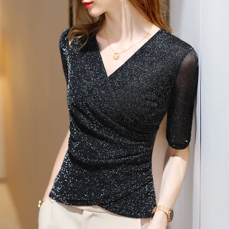 Abbigliamento donna 2022 Ultime camicette di moda T-shirt estiva elegante Spedizione gratuita Camicette elastiche glitterate o top per donna
