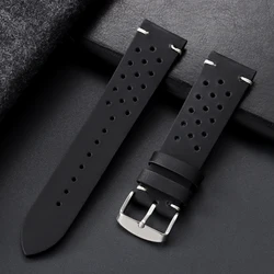 Vintage Racing Leather Watch Strap - Dark Brown Breathable Porous Design - 22mm (Black)