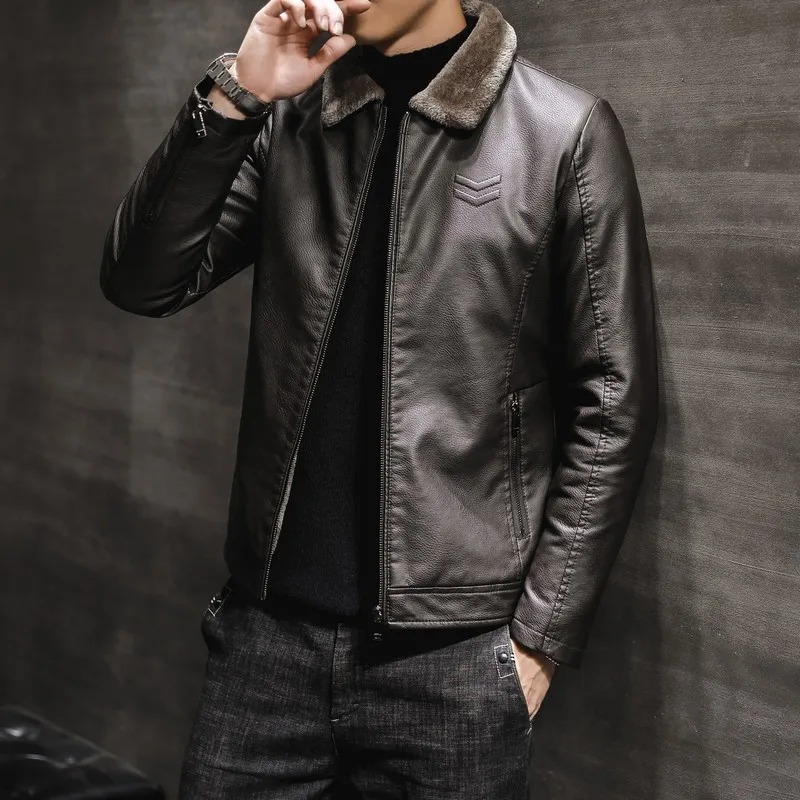 

Men Leather Jackets Casual Fashion Slim Windbreak Faux Fur Plush Pu Leather Coat Winter Velvet Warm Outwear Size M-4XL Clothing