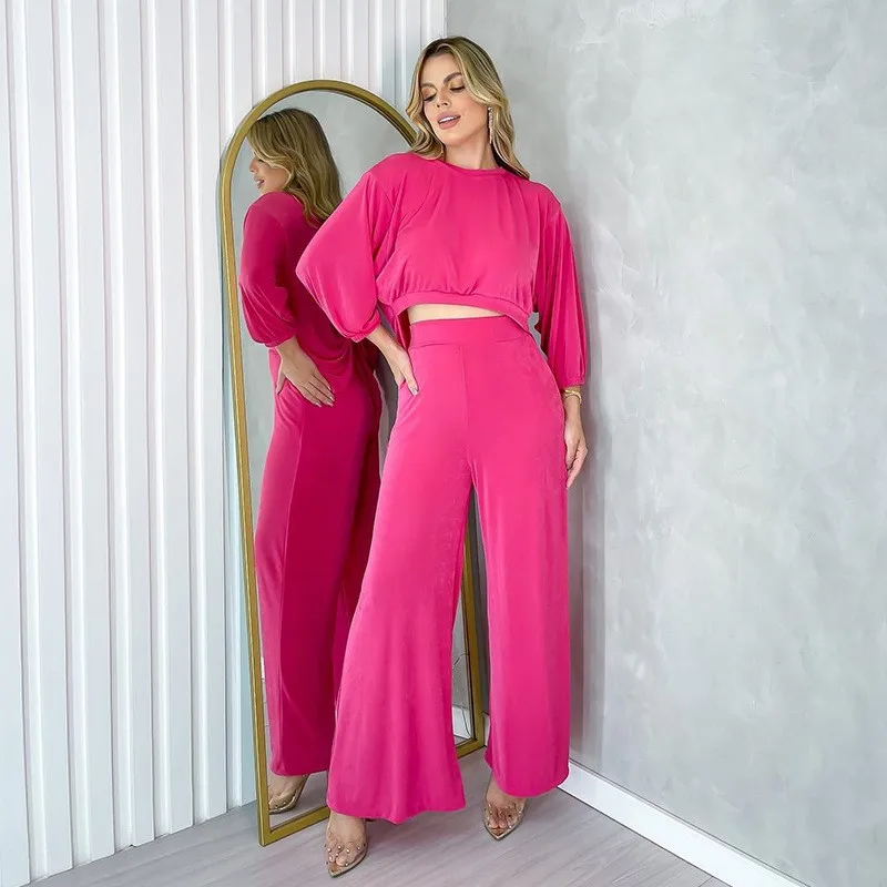 

Summer Women Beach Outings 2023 Exit Free Shipping Spot New Loose Neck Long Sleeve T Shirt Leg Trousers Leisure Suit Solid