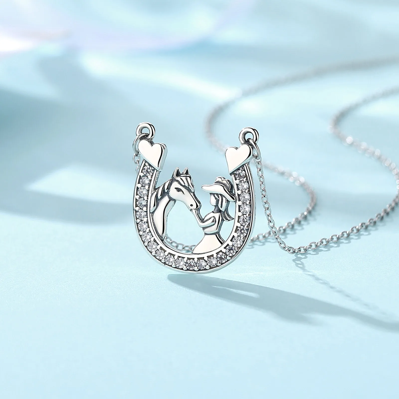 Eudora 925 Sterling Silver Horseshoe Zircon Necklace Temperament Horse And Girl Pendant Animal Jewelry Fine Women Gift