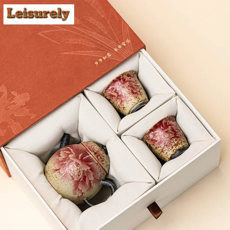 Kiln Fambe Firestone Red Peony Dragon Egg Teapot Tea Set Complete Set Antique Tea Ceremony Set Teapot And Tea Cup Set Teaset