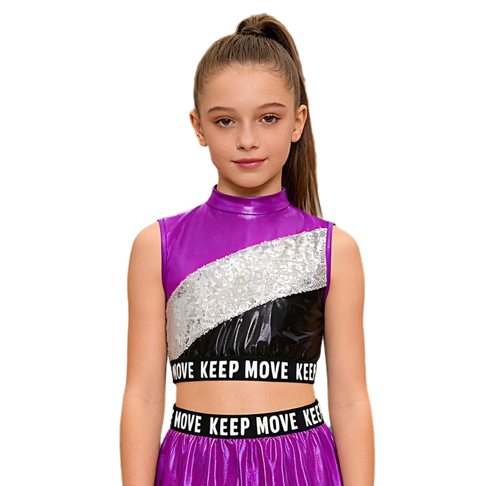 Jazz-Tanzoberteile für Kinder und Mädchen, Hip-Hop-Performance-Kostüm, Buchstabendruck, elastischer Saum, glitzernde Pailletten, Farbblock, metallisches Crop-Top – Detail 16
