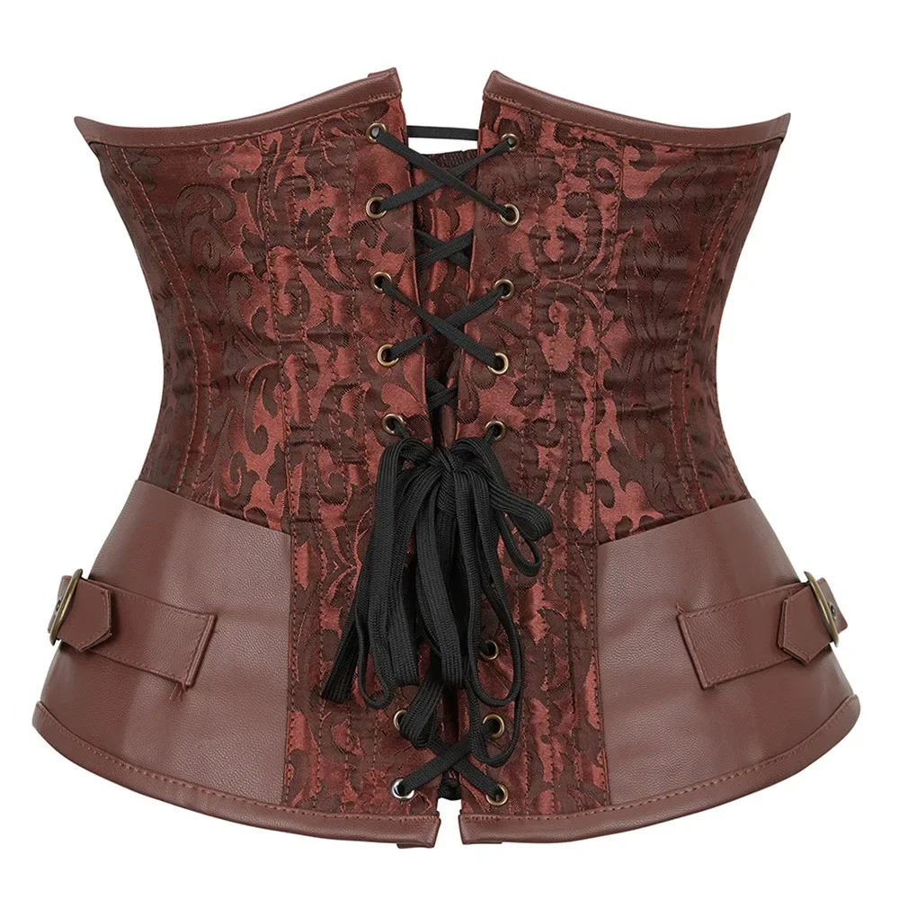 Corset Bustier Top Steampunk Underbust Leather Pirate Belt Lace-Up Back Jacquard Vintage Top For Women Black Brown