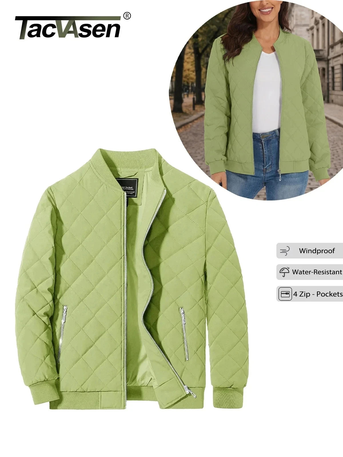 TACVASEN Women's Classic Retro Bomber Jacket - Diamond Quilted Padded Coat with Full Zip and Pockets