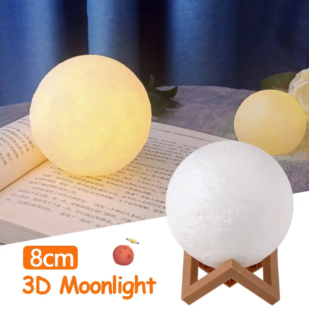 8cm Moon Lamp LED Night Light 3D Battery Powered With Stand Starry Lamp Bedroom Decor Night Lights Kids Gift Moon Lamp