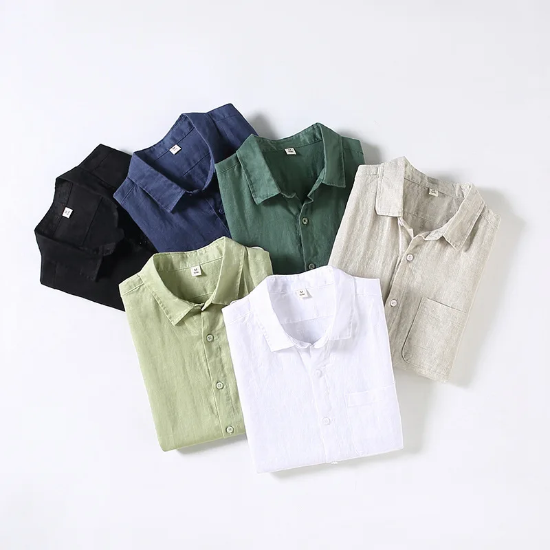 923 100% Linen Men's Summer Fashion Shirt High Quality Solid Color Simple Casual Short Sleeve Blouses Basic Thin Breathable Tops 2