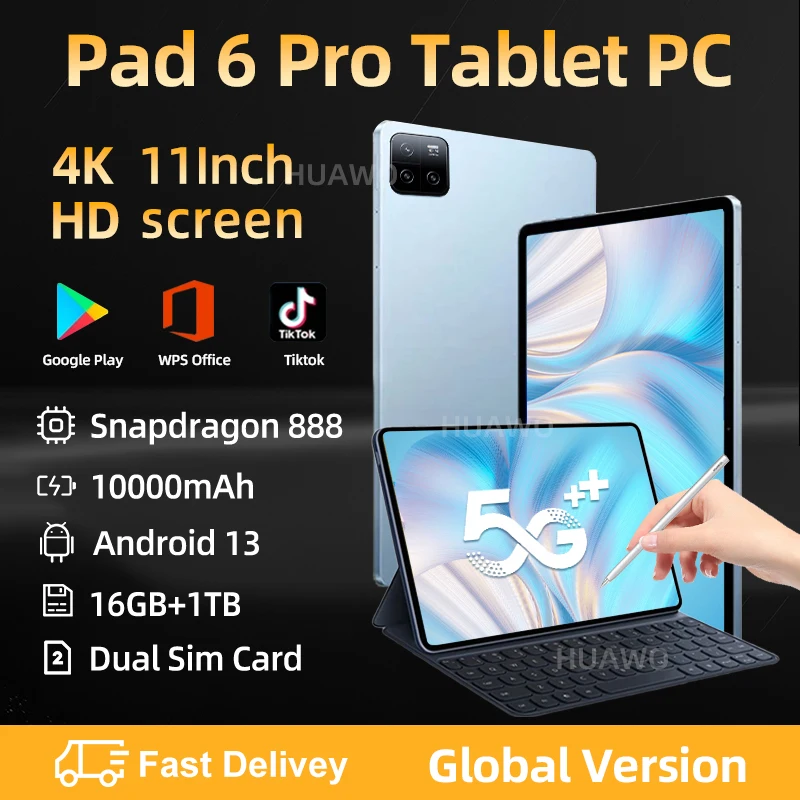 2024 오리지널 글로벌 버전 패드 6 프로 태블릿 PC, 스냅드래곤 888, 10000mAh, 안드로이드 13, 16GB RAM, 1TB ROM, 5G HD, 4K 화면, 와이파이 MiTab