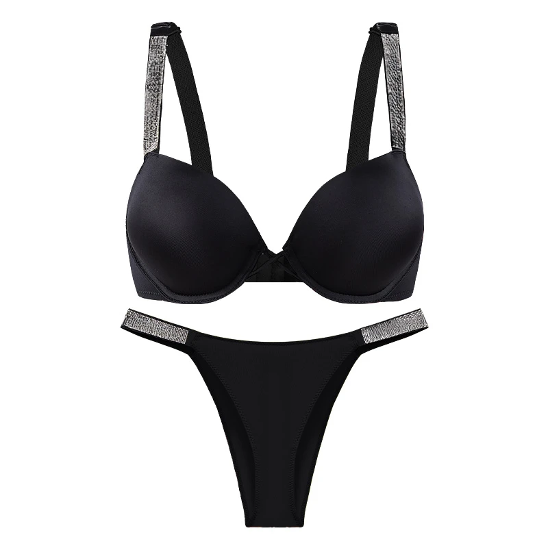 Sexy Trend Straps Rhinestone Lingerie Push Up Bra and Thong Set Comfortable Brassiere Adjustable Gathered Underwear Wholesale