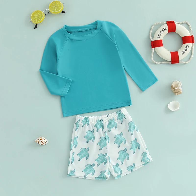 FOCUSNORM 0-3Y Summer Infant Baby Boys Rash Guard Swimsuit Solid Color Long Sleeve Round Neck Tops with Turtle Print Shorts