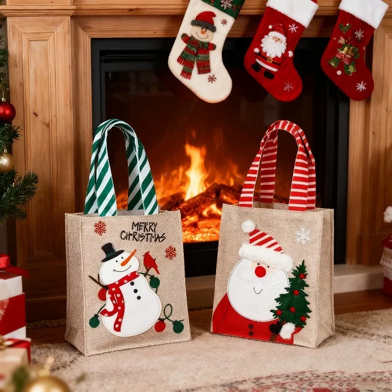 1-10PCS Christmas Burlap Gift Bags Santa Snowman Design Handheld Candy Bags for Holiday Party Favor Supplies and Decorations 2