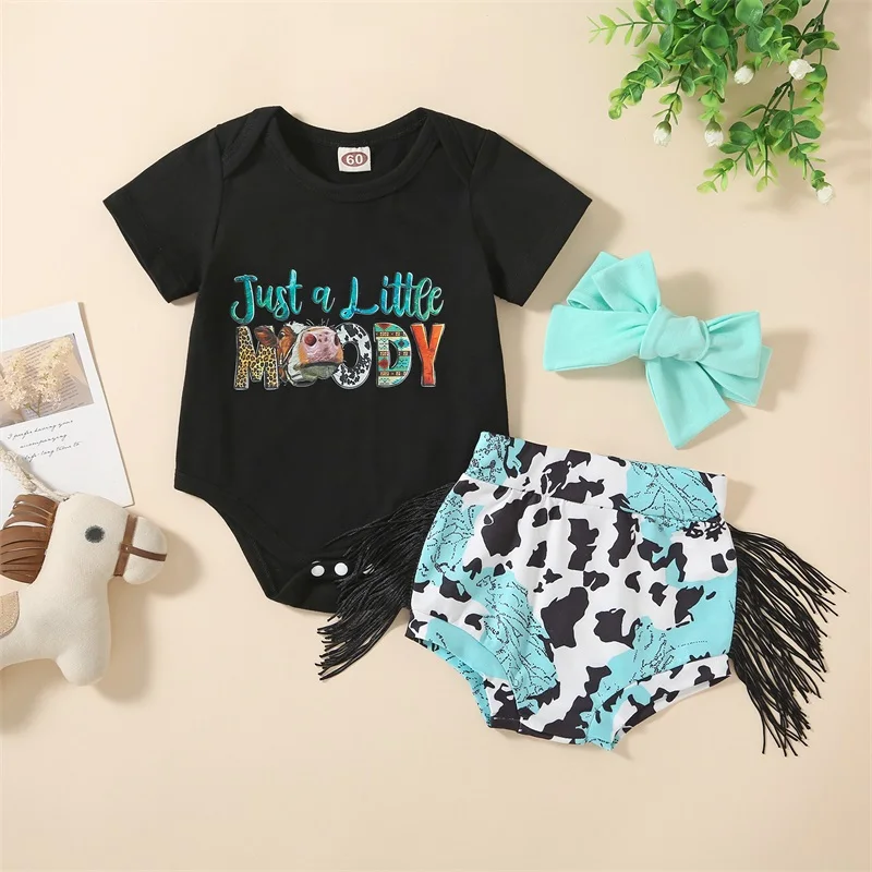 

2023-04-01 Lioraitiin 0-18M Baby Girls 2Pcs Summer Outfit Sets Black Short Sleeve Letter Print Romper Cow Print Shorts Headband