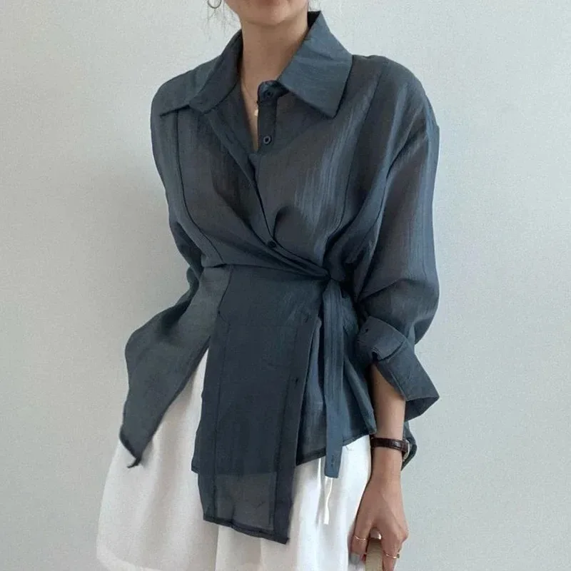 Women's Elegant Loose Long Sleeve Blouse, Irregular Slim Waist Belt Shirt, Casual Button Tops, Streetwear, 15674