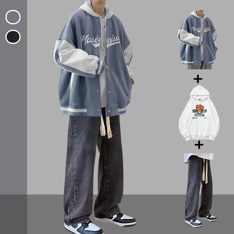 가을 겨울 야구 점퍼와 청바지 남성 캐주얼 3종 세트 트렌디 브랜드 인싸 스타일 재킷 학생 멋진 나인 패치 팬츠