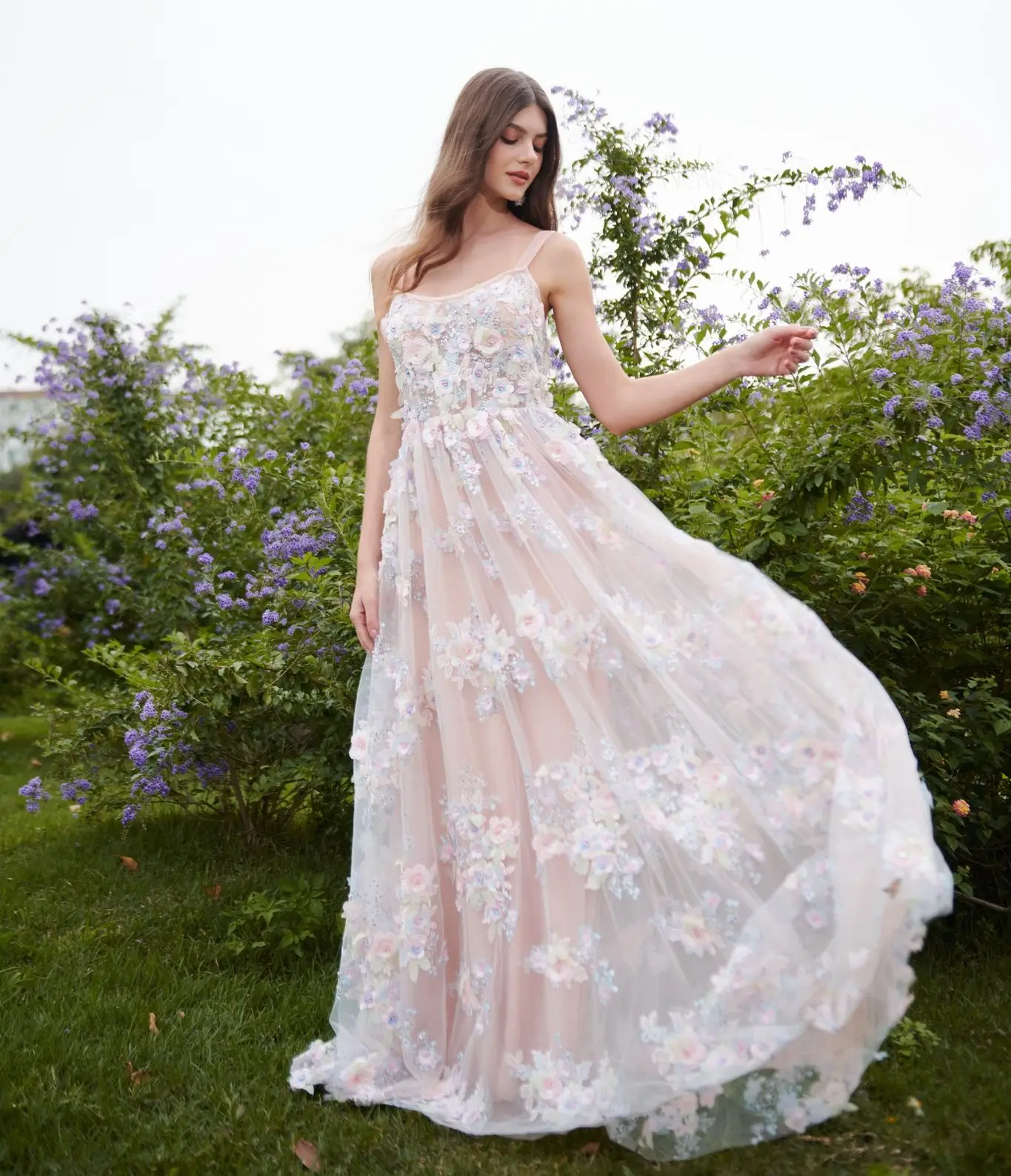 

3D Floral Prom Dresses For Women Luxury Flower Evening Dress Illusion Long Fairy Maxi Gown Party vestido de novia