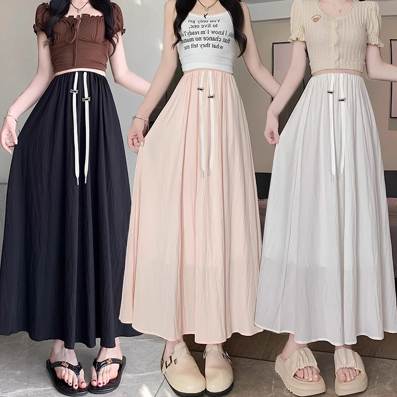 French Style Summer Maternity Flared Skirt Solid Color Drawstring Waist Long Loose Pregnant Woman Skirt with Lining
